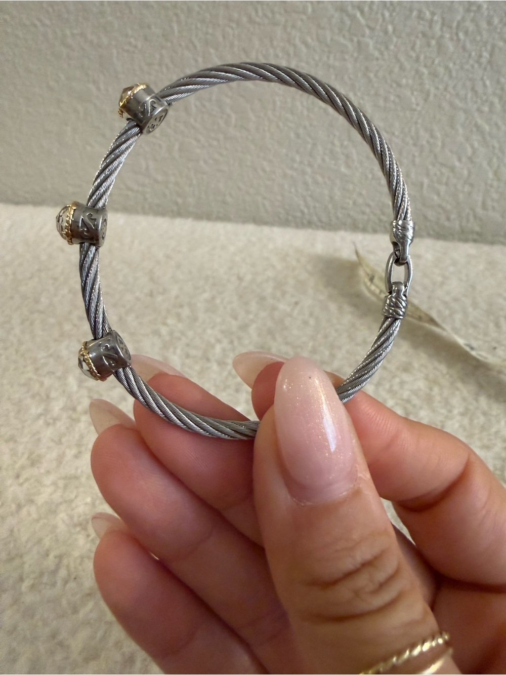 Charriol 3 Station Steel Cable Bangle Bracelet with Faceted White Topaz - Picture 4 of 7